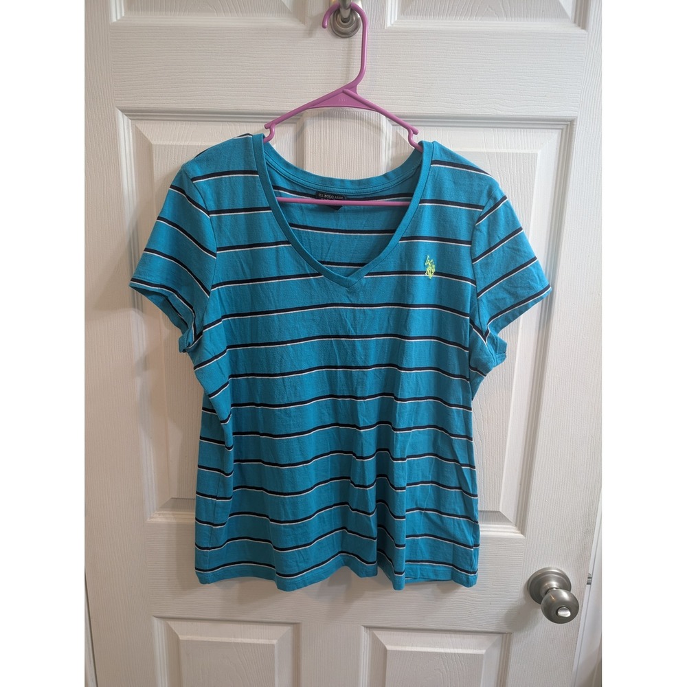 US Polo Assn Teal Blue Striped V Neck Tee Womens Cotton Short Sleeve - Size XL